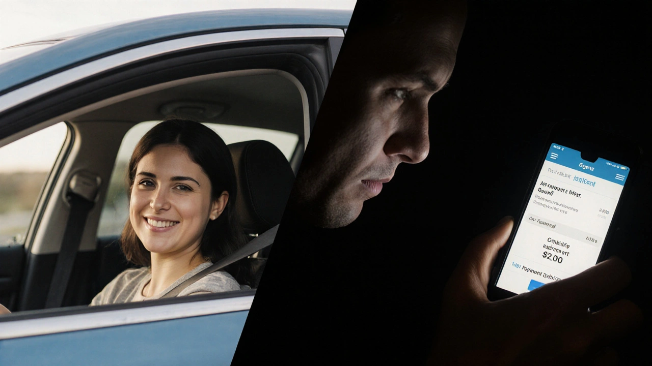 Split scene showing happy driver and co-signer receiving late payment alert.