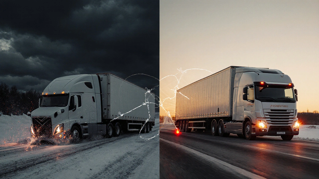 Split-screen: chaotic jackknife vs. smooth synchronized braking with trailer.