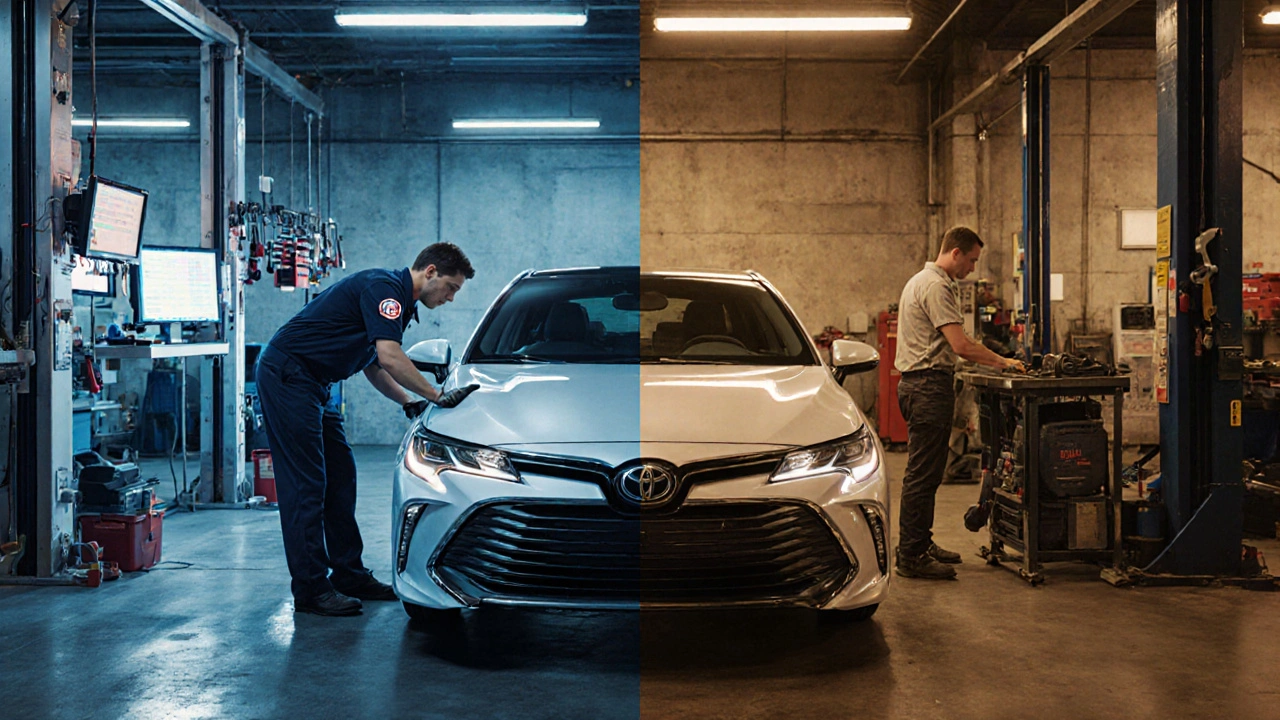 Split view contrasting a high‑tech dealer workshop with a modest independent garage working on the same car.