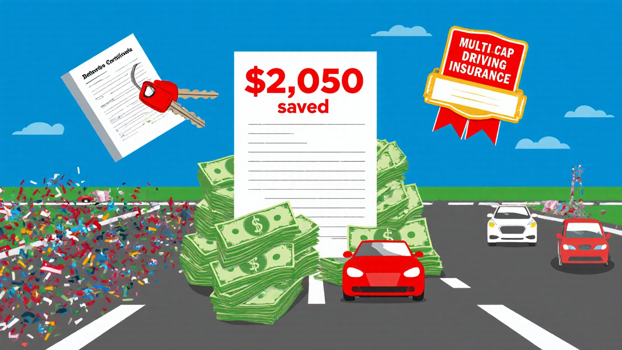 Stack of saved money rising from insurance discounts and a student report card, symbolizing cost reduction.