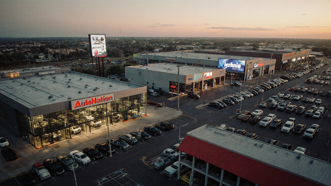 Street scene showing showrooms of major dealership groups, including AutoNation, Penske, Lithia, Group1, and CarMax.