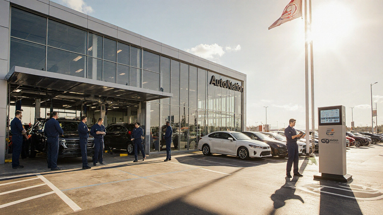Sunny photo of an AutoNation dealership showing new cars, service bays, and digital kiosk.