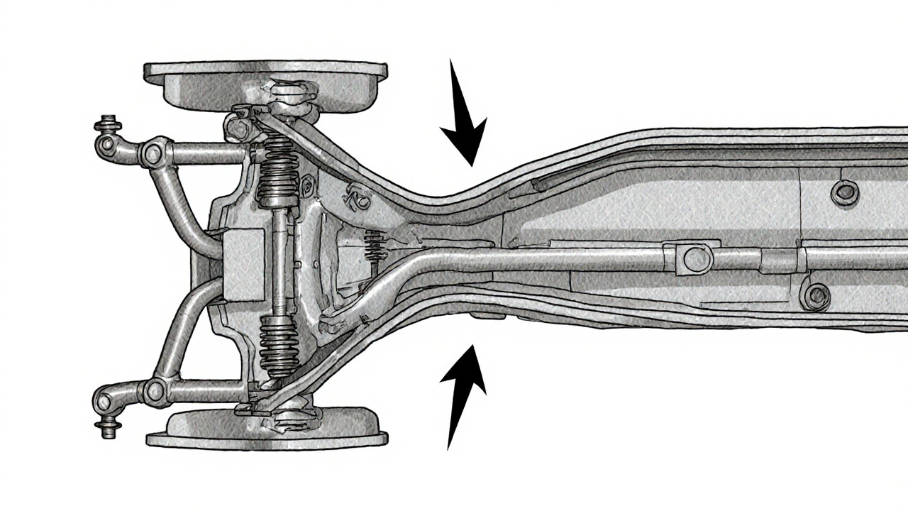 Technical side view of a car chassis showing front and rear sway bars connecting suspension arms to resist body roll.