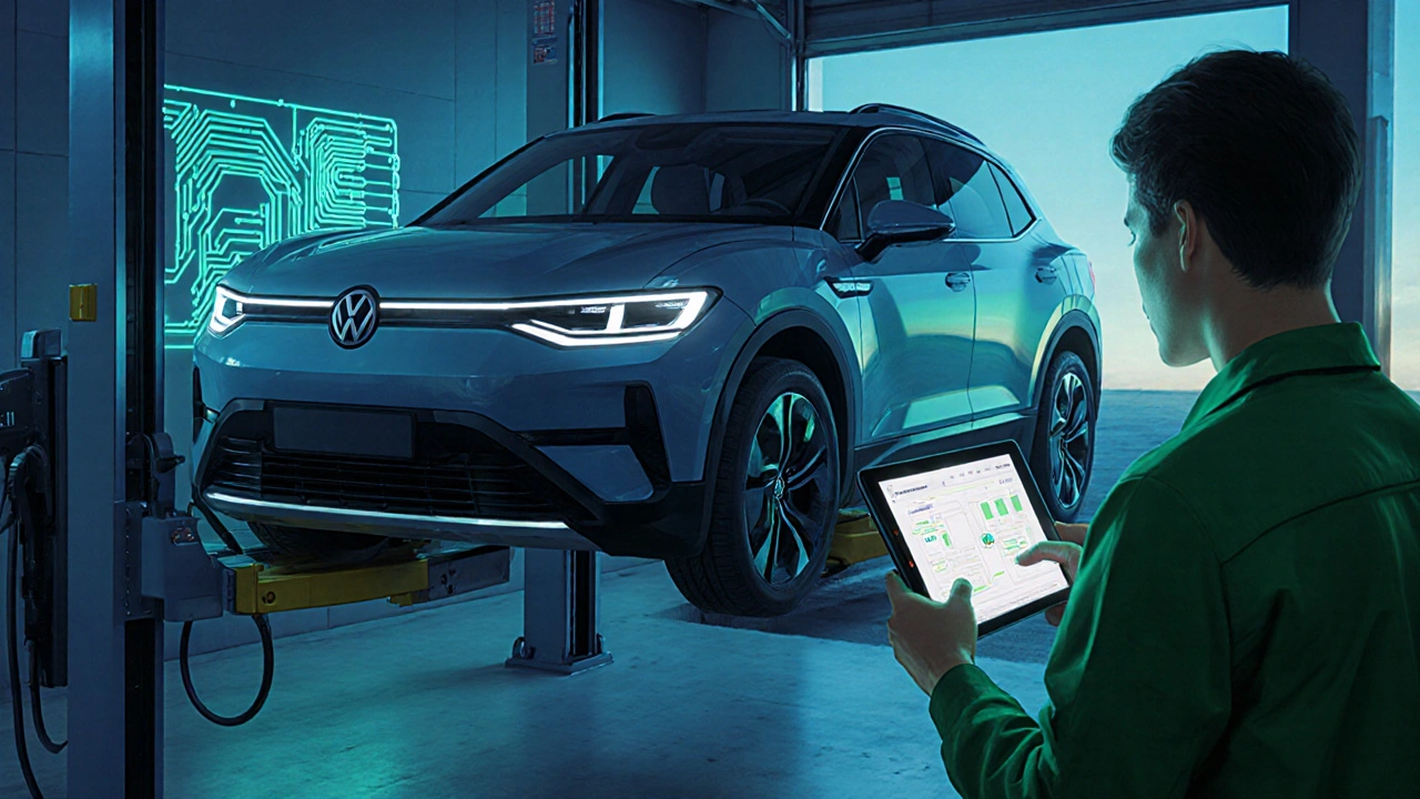 Technician inspecting an electric vehicle in a modern service bay with diagnostic equipment.