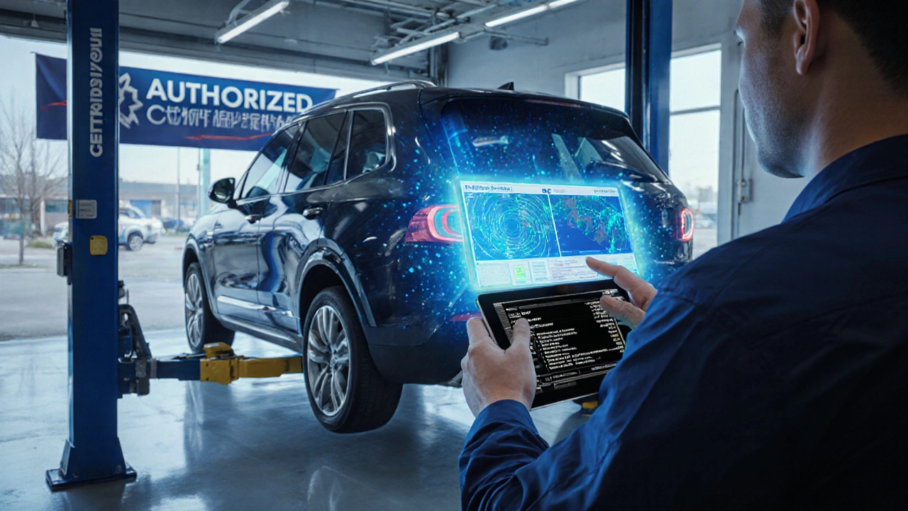 Technician performing a detailed multi‑point inspection on a SUV using a diagnostic tablet in a dealership service bay.