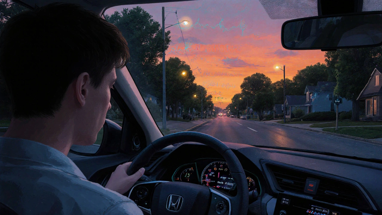 Teen driving a safe, affordable car at dusk with subtle app metrics showing responsible driving habits.