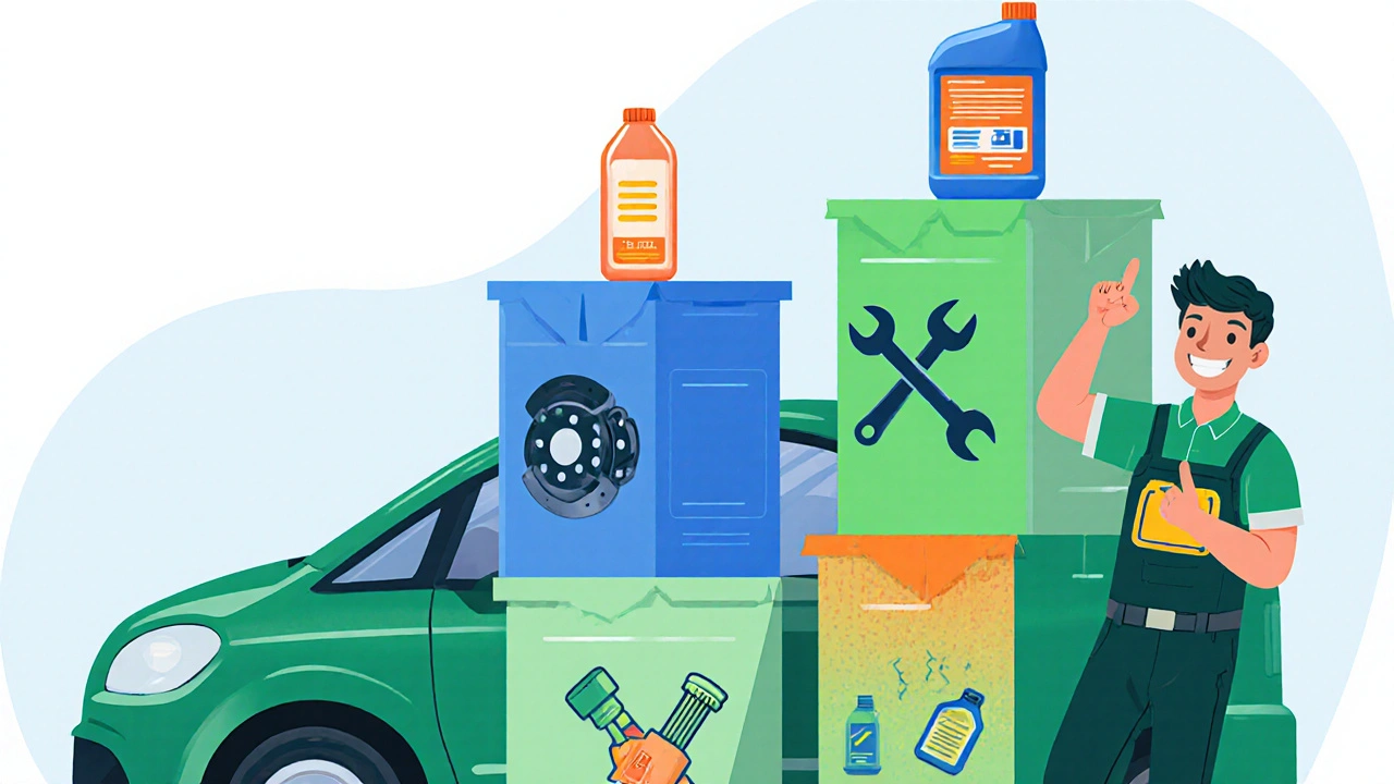 Three stacked boxes with icons illustrate basic, standard, and premium car packages.