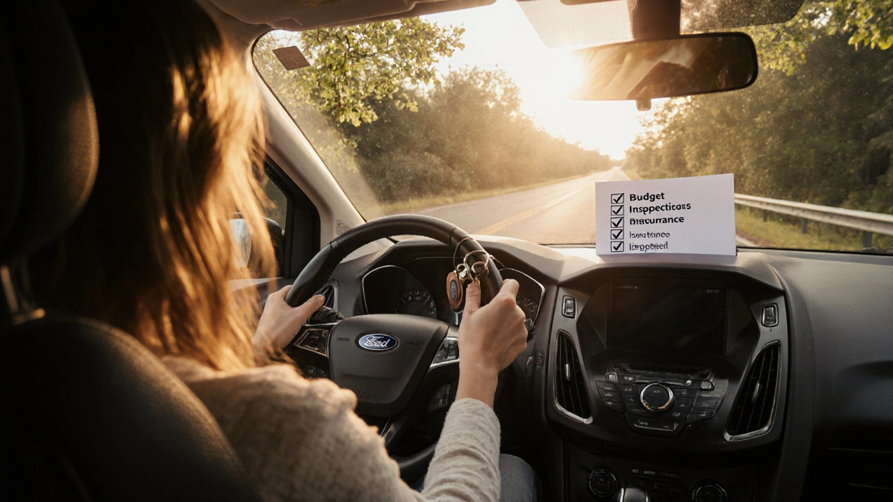 Woman drives the Focus at sunset, keys and checklist visible on the passenger seat.