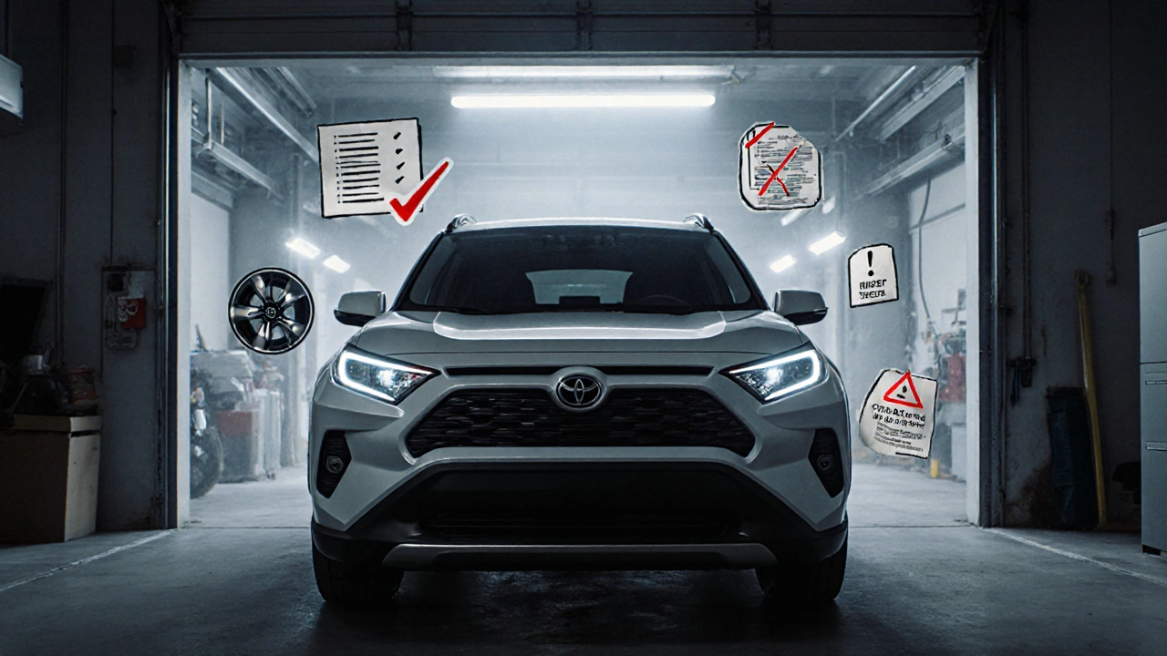 2019 RAV4 with aftermarket LED headlights, surrounded by disqualifying factors for CPO status.