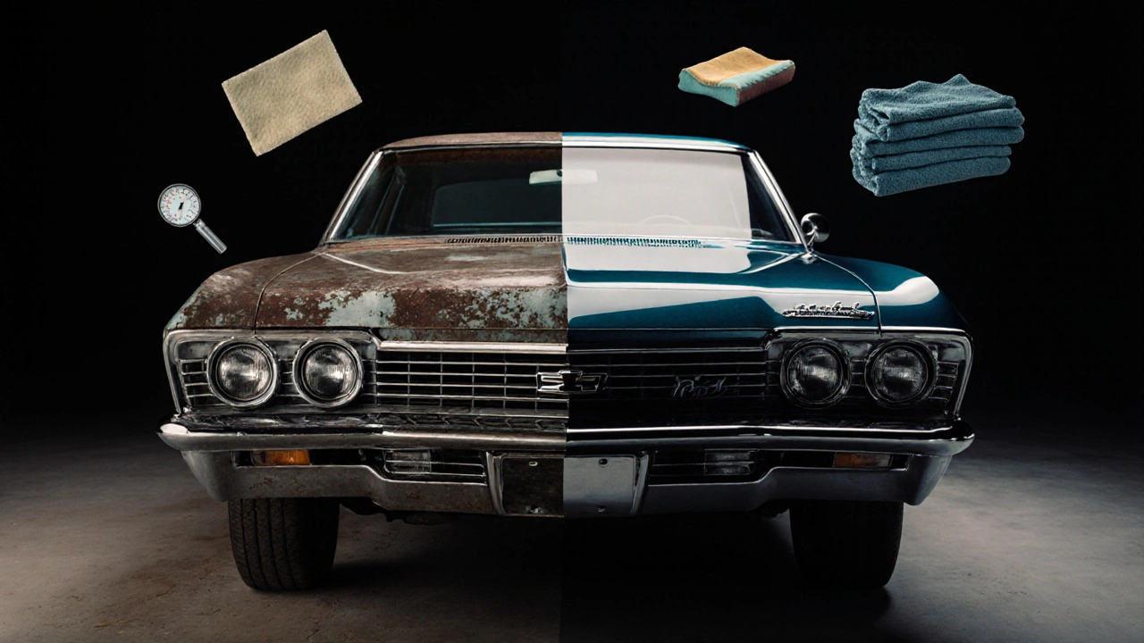 A 1969 Impala half-restored, showing stark contrast between oxidized and mirror-finish paint.