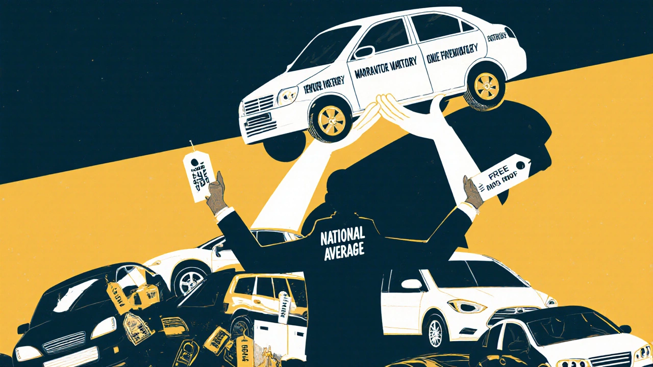 A car lifted by value-added services above competing vehicles, while national pricing averages fade into the background.