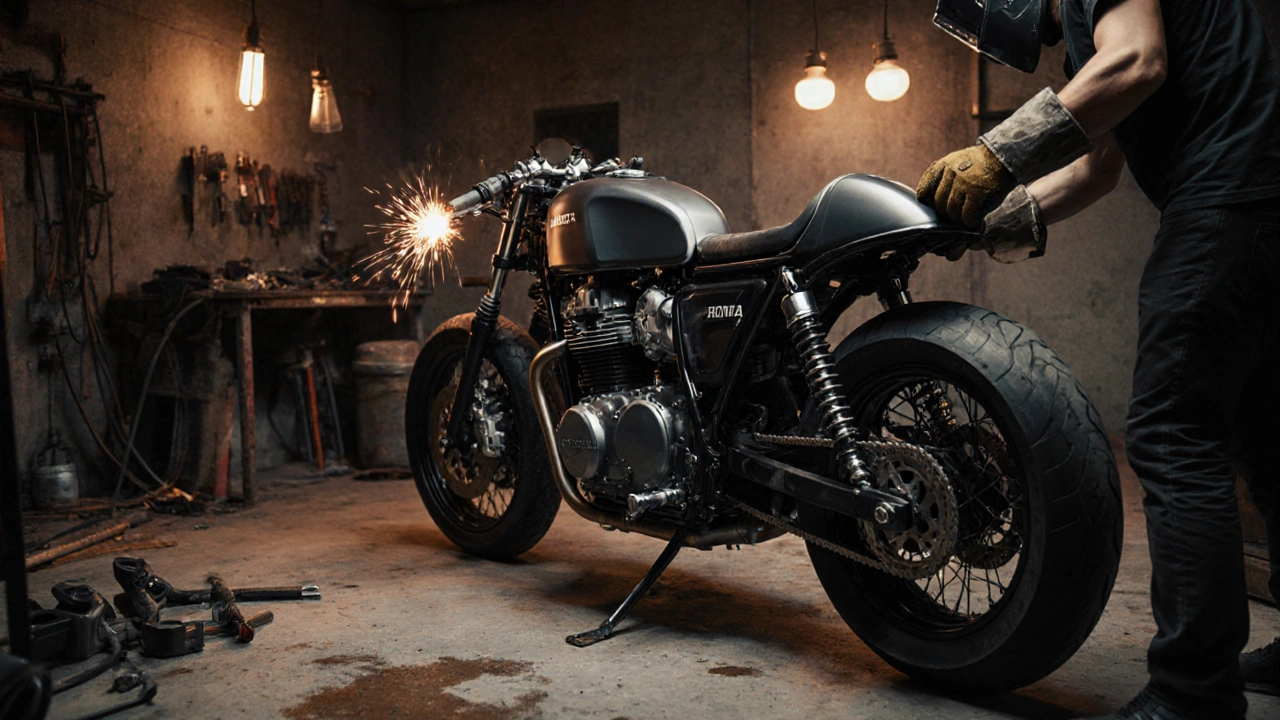 A custom café racer being built in a garage, with exposed engine and welder’s sparks illuminating the workbench.