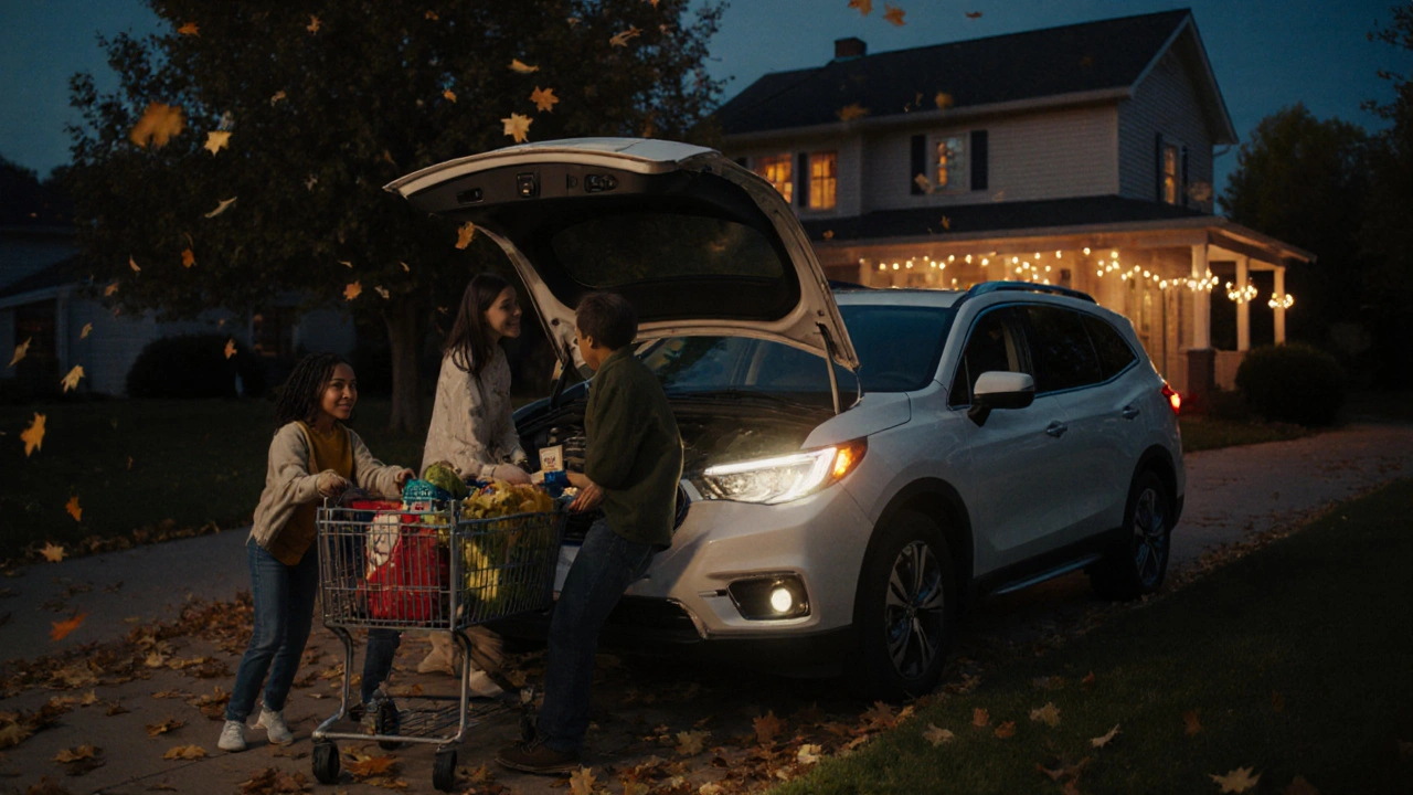 A family loading groceries into a certified pre-owned SUV in a quiet suburban driveway at dusk.