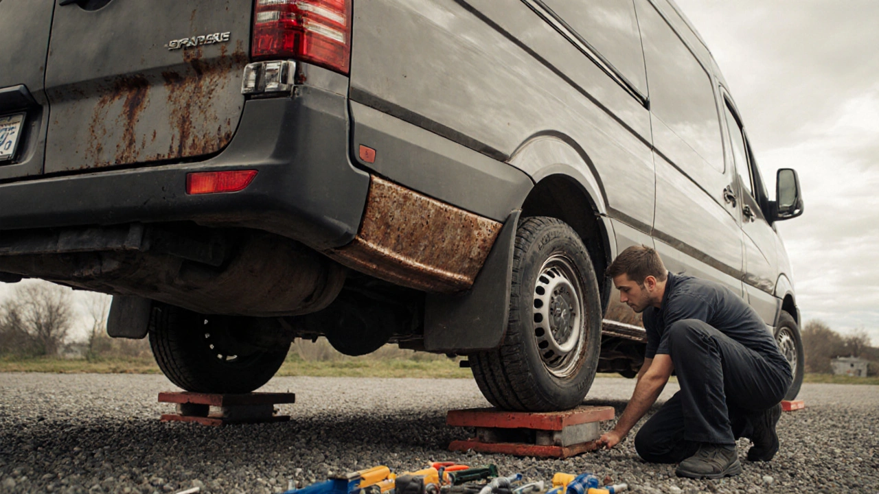 A mechanic inspecting the undercarriage of a Sprinter van for rust and structural damage in a gravel lot.