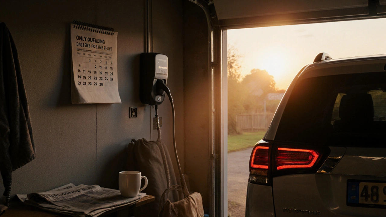 A Mitsubishi Outlander PHEV charging in a garage with only two fuel refill marks on a yearly calendar.