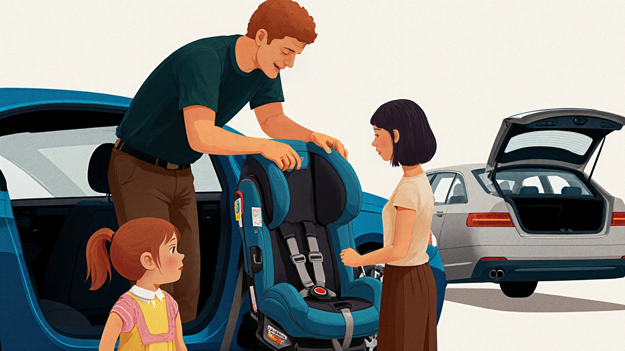 A parent struggling to install a car seat in the cramped back of a two-door coupe.