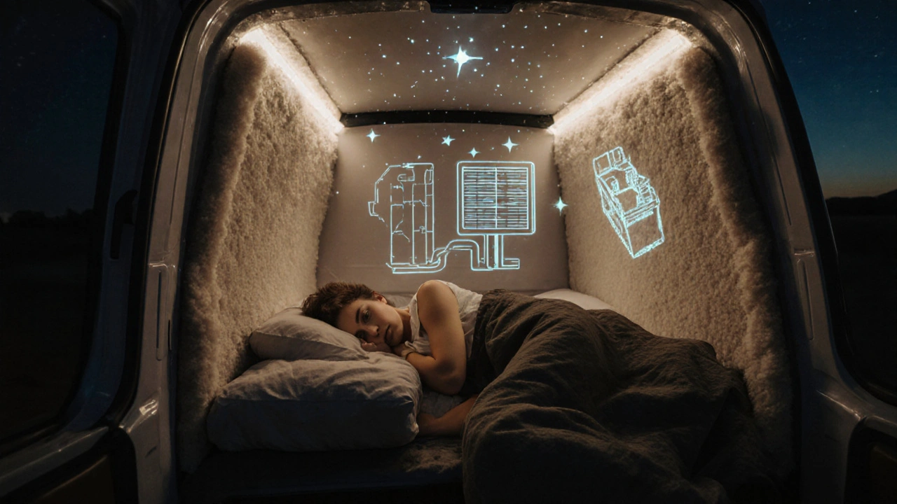 A person sleeping inside a converted van at night with soft interior lighting and wool insulation on the walls.