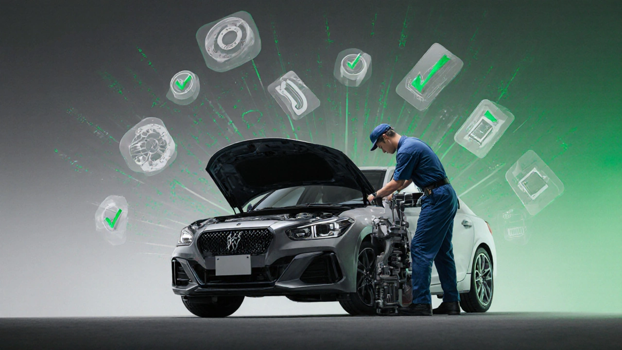 A technician performing a detailed 200-point inspection on a certified pre-owned vehicle with diagnostic tools.