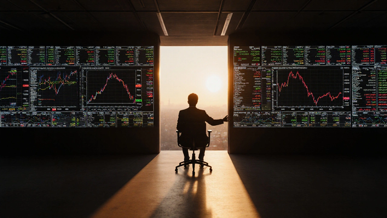 An empty trading room with conflicting market data on screens, a hesitant figure reaching toward bearish indicators.