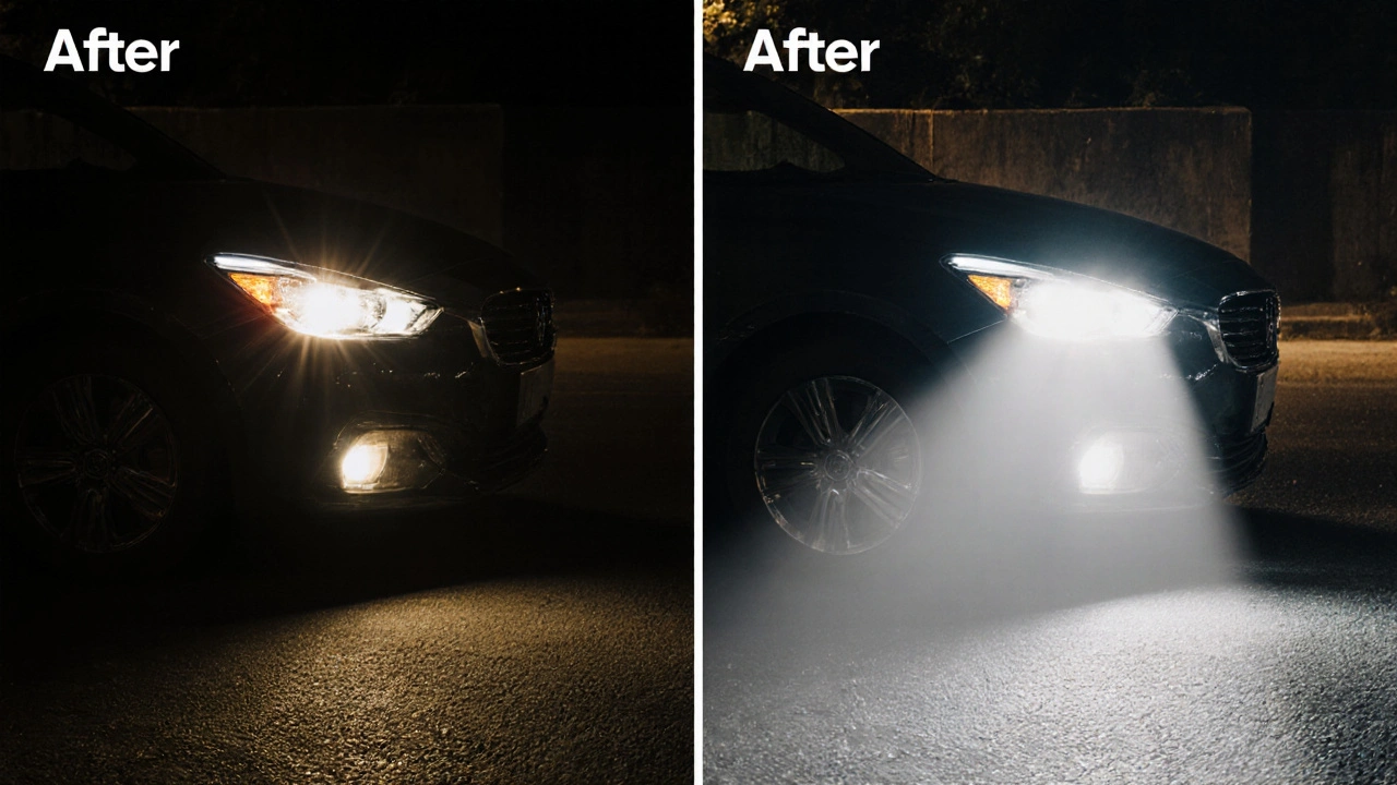 Bright, clear headlights projecting a sharp white beam on a dark road at night.