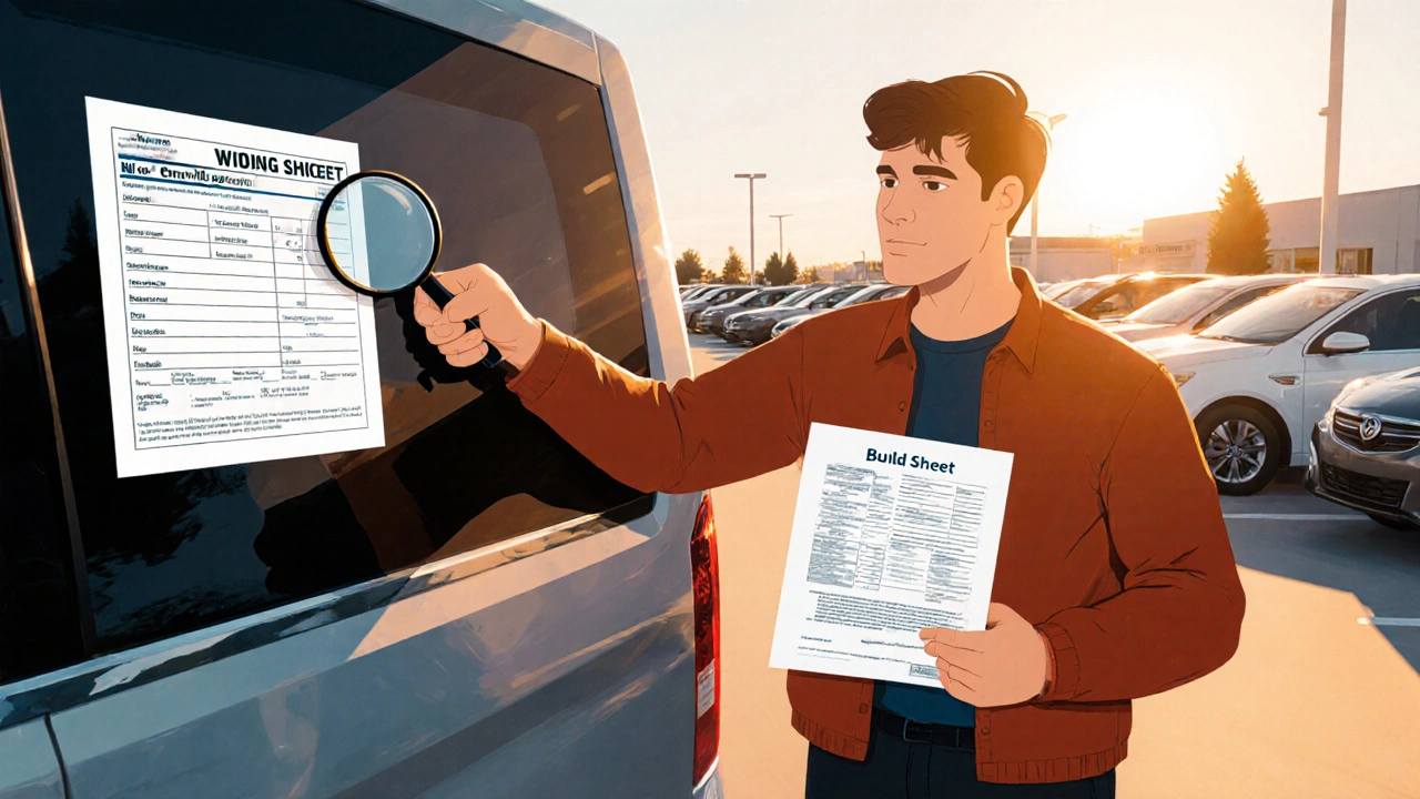 Buyer examining a vehicle window sticker with a magnifying glass while comparing it to a build sheet.