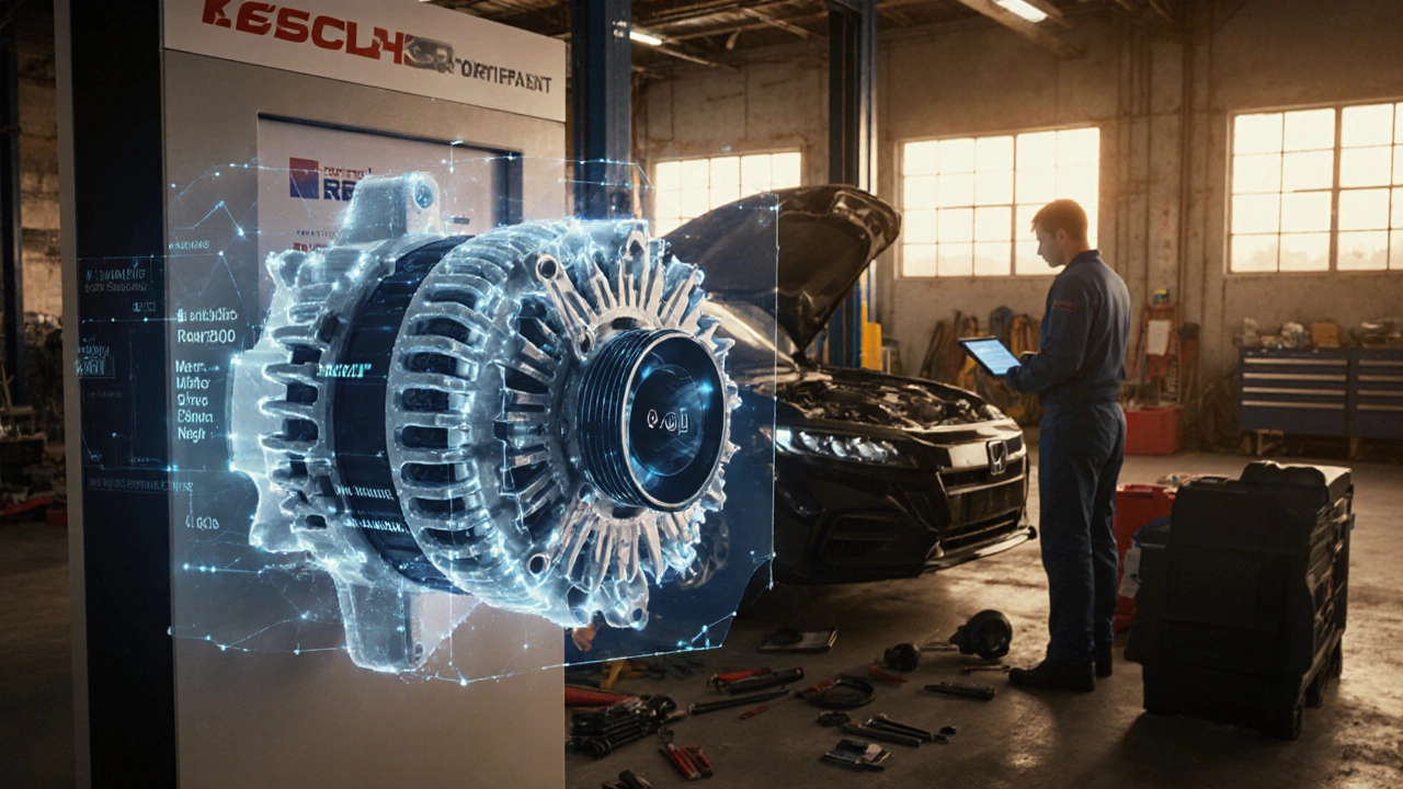 Certified used alternator with holographic warranty data being installed by a mechanic in a salvage yard.