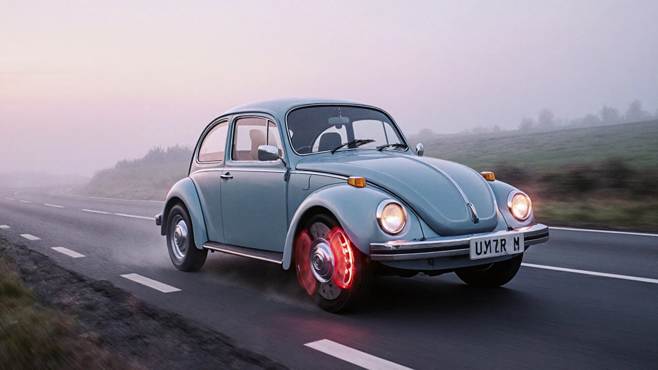 Classic Beetle driving on a misty road, modern brakes glowing as old drums fade away.