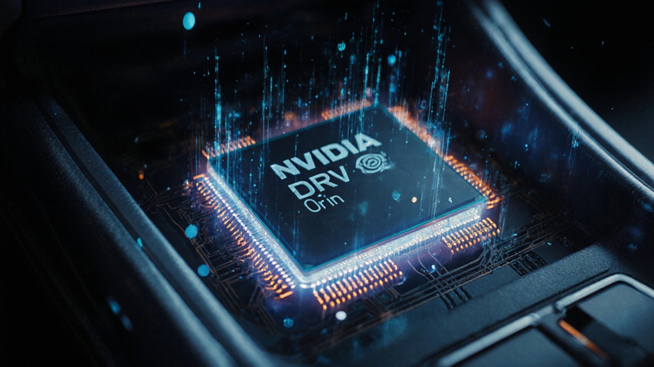 Close-up of an automotive AI processor chip with glowing data streams from vehicle sensors flowing into it under cool lighting.