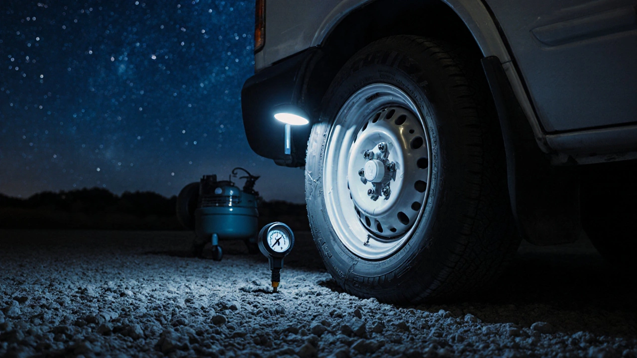 Close-up of cracked van tire being inspected with pressure gauge.