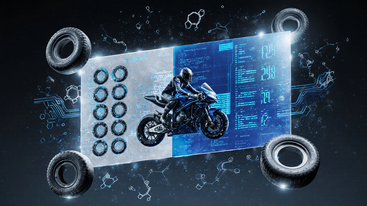 Conceptual visualization of 2026 MotoGP tire limits and standardized ECU software affecting race strategy.