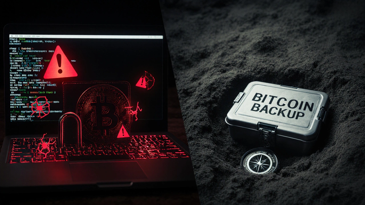 Contrast between a hacked computer screen and a buried Bitcoin backup container.