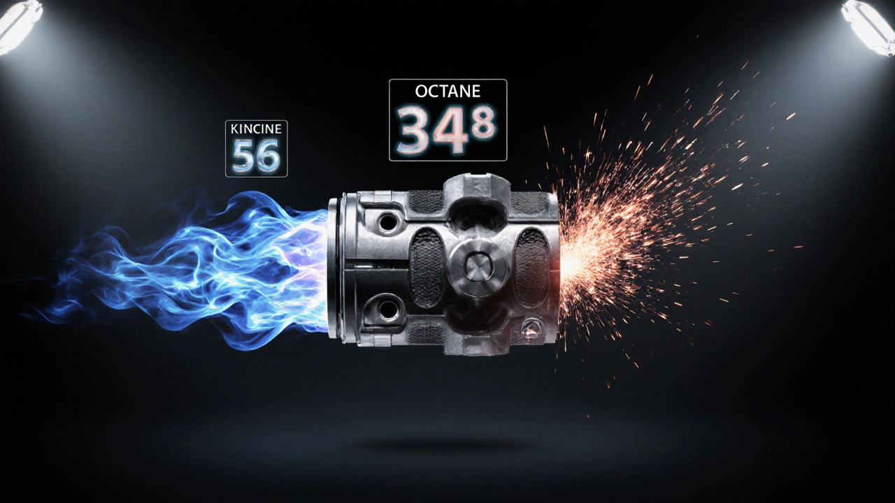 Cross-section of engine cylinder showing smooth combustion versus violent knocking with glowing octane numbers.