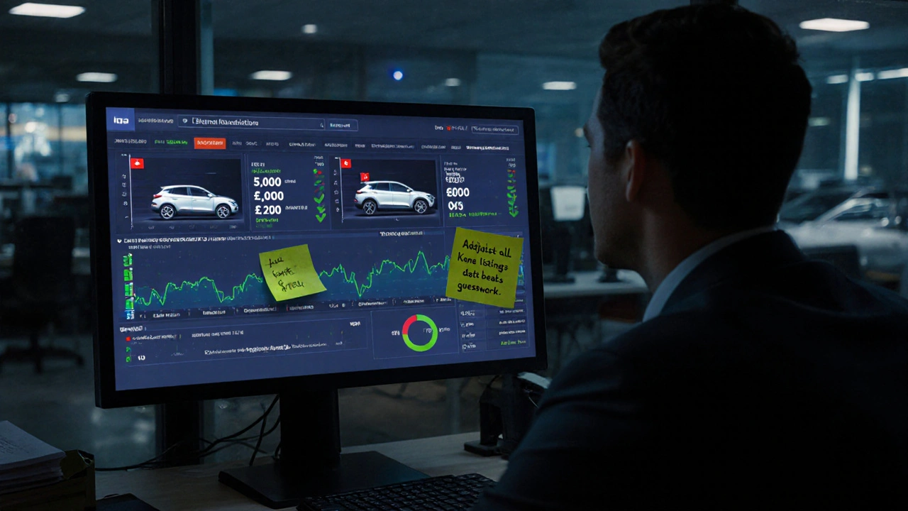 Dealership manager viewing a digital dashboard showing inventory data with price adjustments highlighted for unsold vehicles.