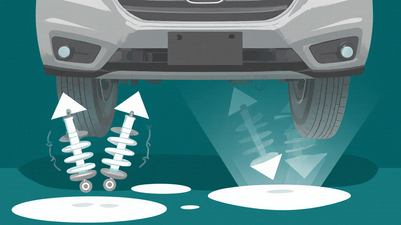 Diagram showing how worn shocks cause uncontrolled bouncing over bumps.