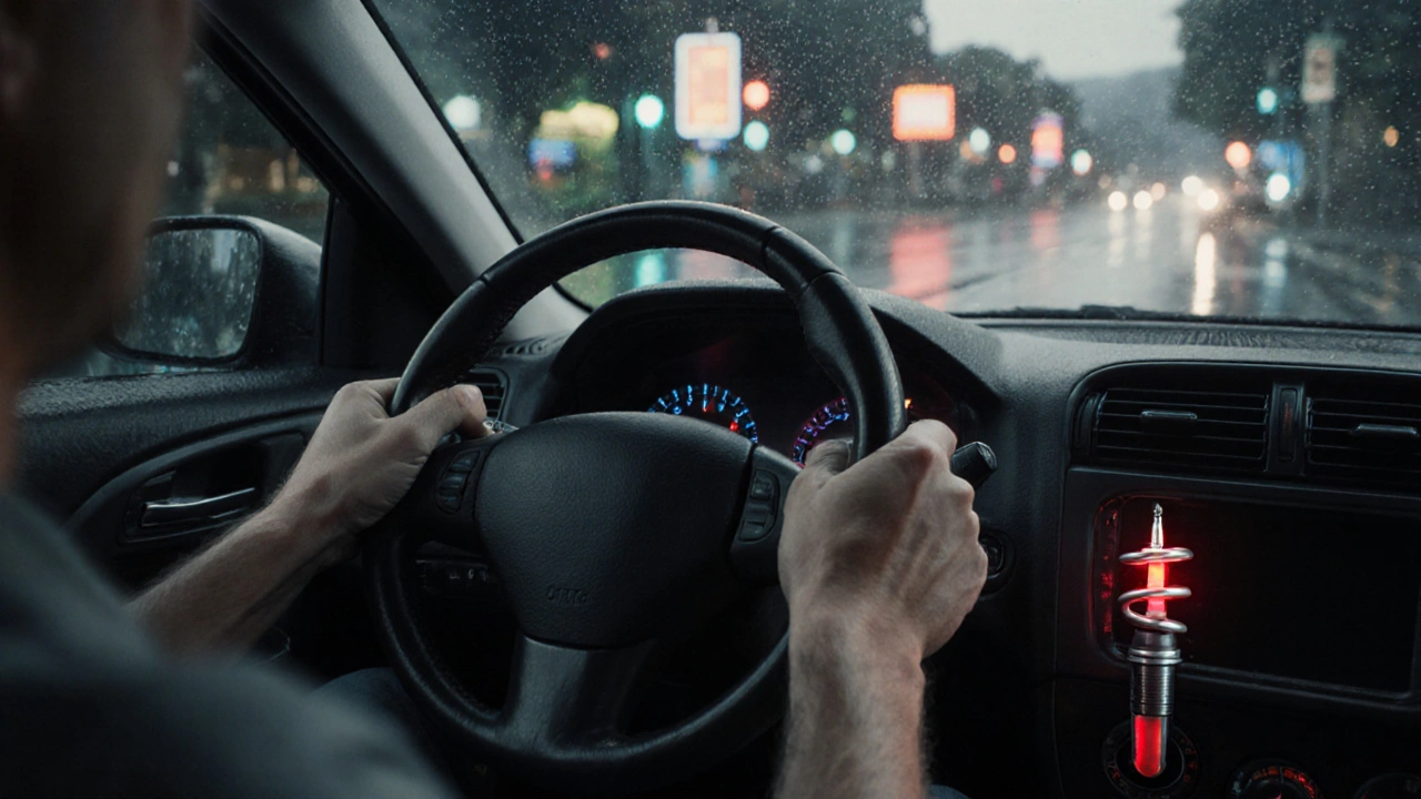 Driver&#039;s hands on steering wheel with transparent view of worn struts and uneven tire wear below.