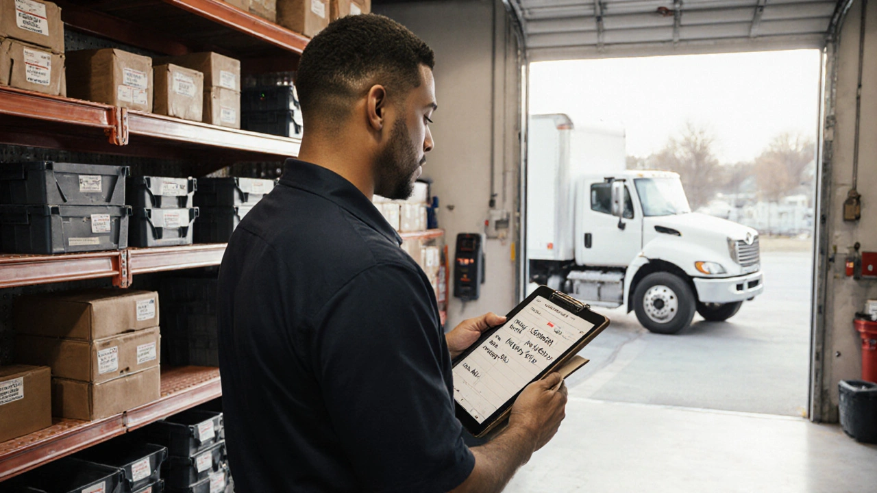 Fleet coordinator checking inventory on Monday morning with clipboard and tablet in a well-lit garage.