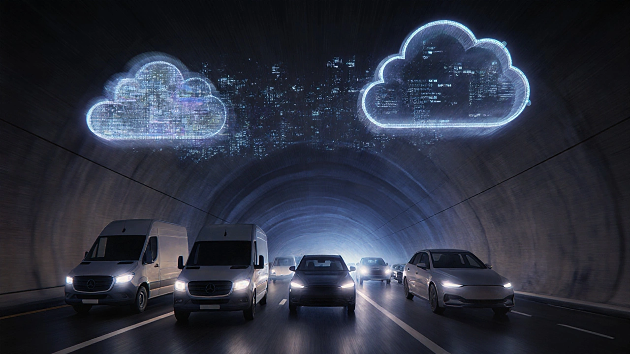Fleet of cars driving through a tunnel without signal, each processing data locally while summaries float toward the cloud above.