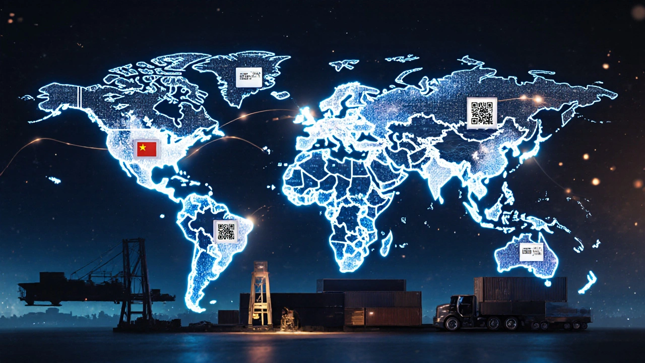 Global supply chain map showing part flows shifting from China to Vietnam, Poland, and Mexico with AI and QR code icons.