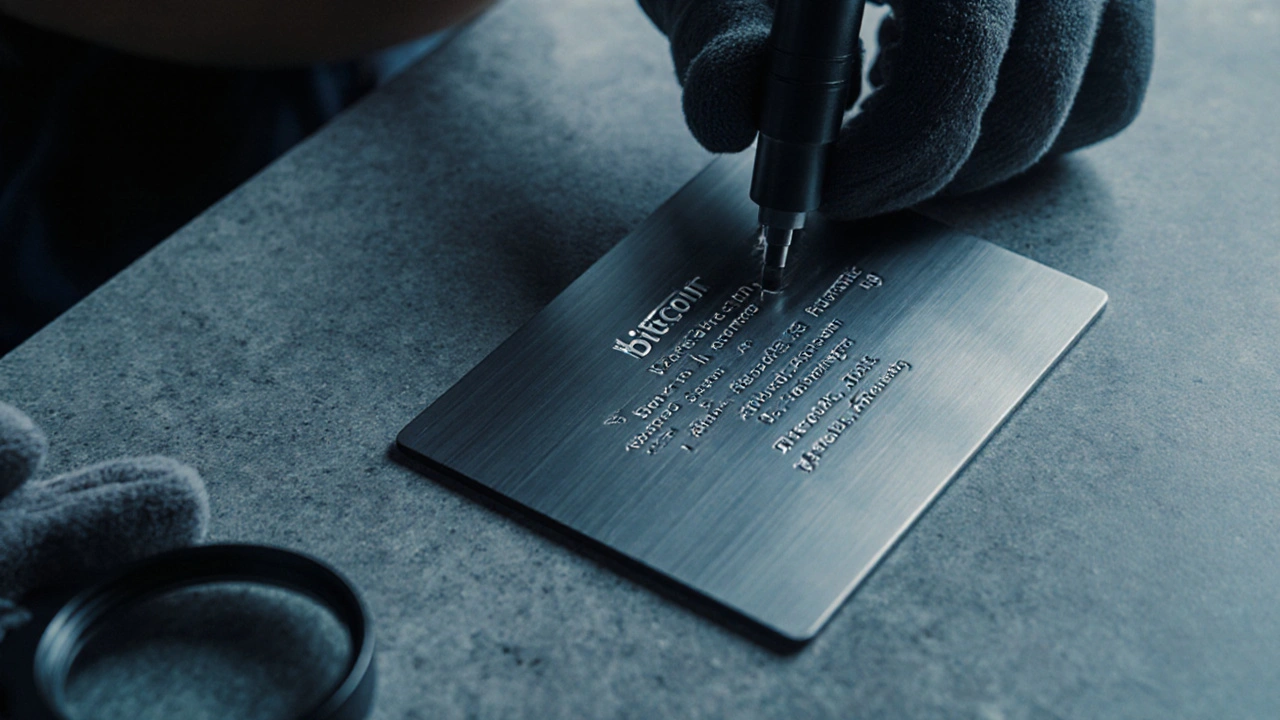 Hand engraving a Bitcoin recovery phrase onto a titanium metal plate with precision tools.