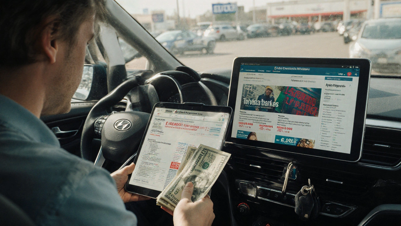 Hand placing cash on a car dashboard beside a tablet showing rebate details.