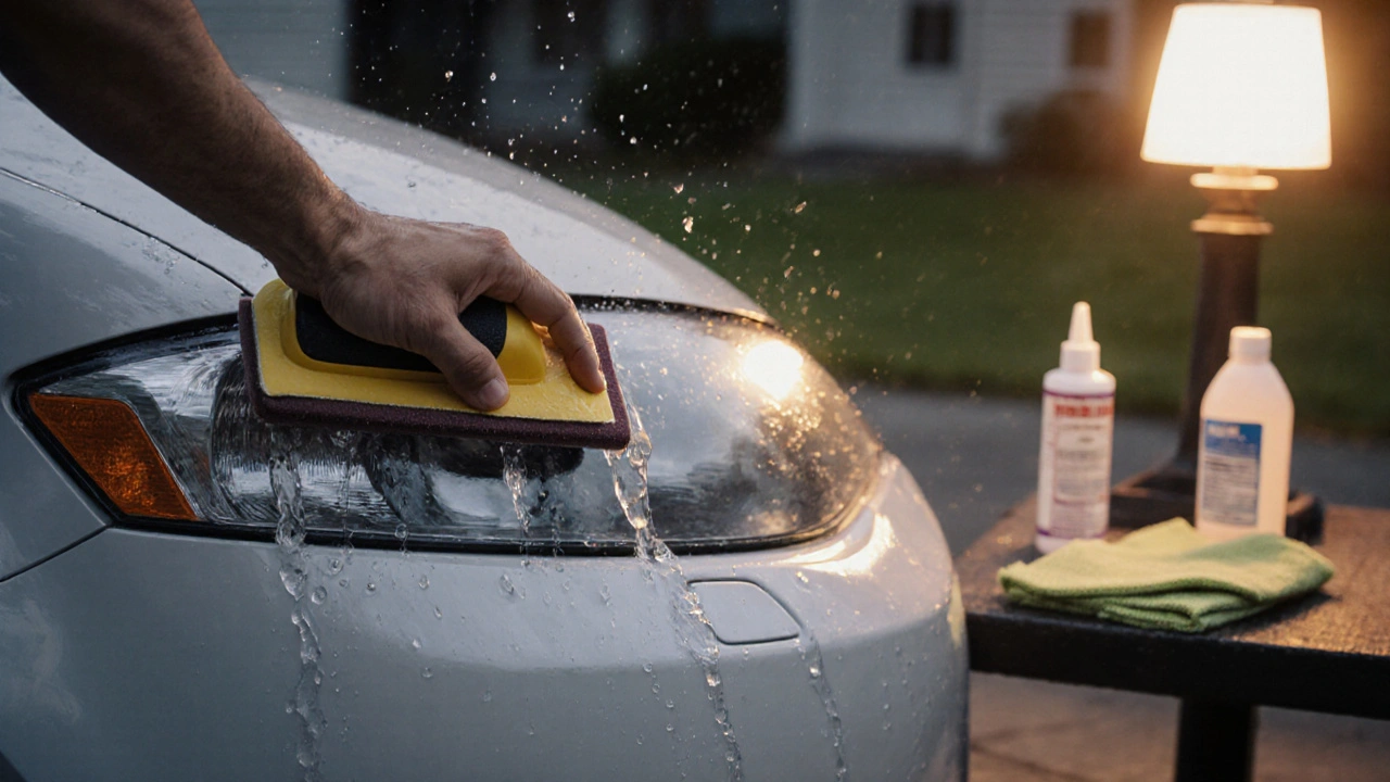Hand sanding a car headlight with wet sandpaper during DIY restoration.