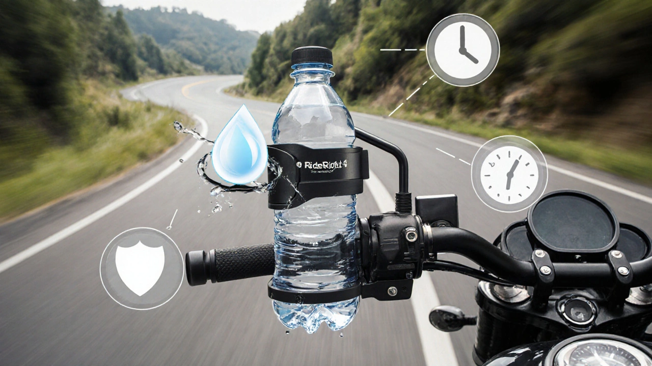 Handlebar-mounted drink holder with a large water bottle, surrounded by safety and hydration icons.