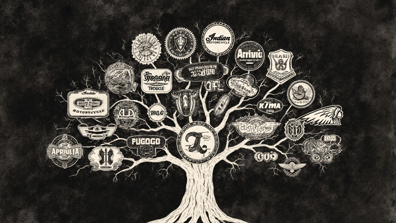Ink-wash family tree of motorcycle brands showing corporate ownership links between Polaris, Piaggio, and KTM.