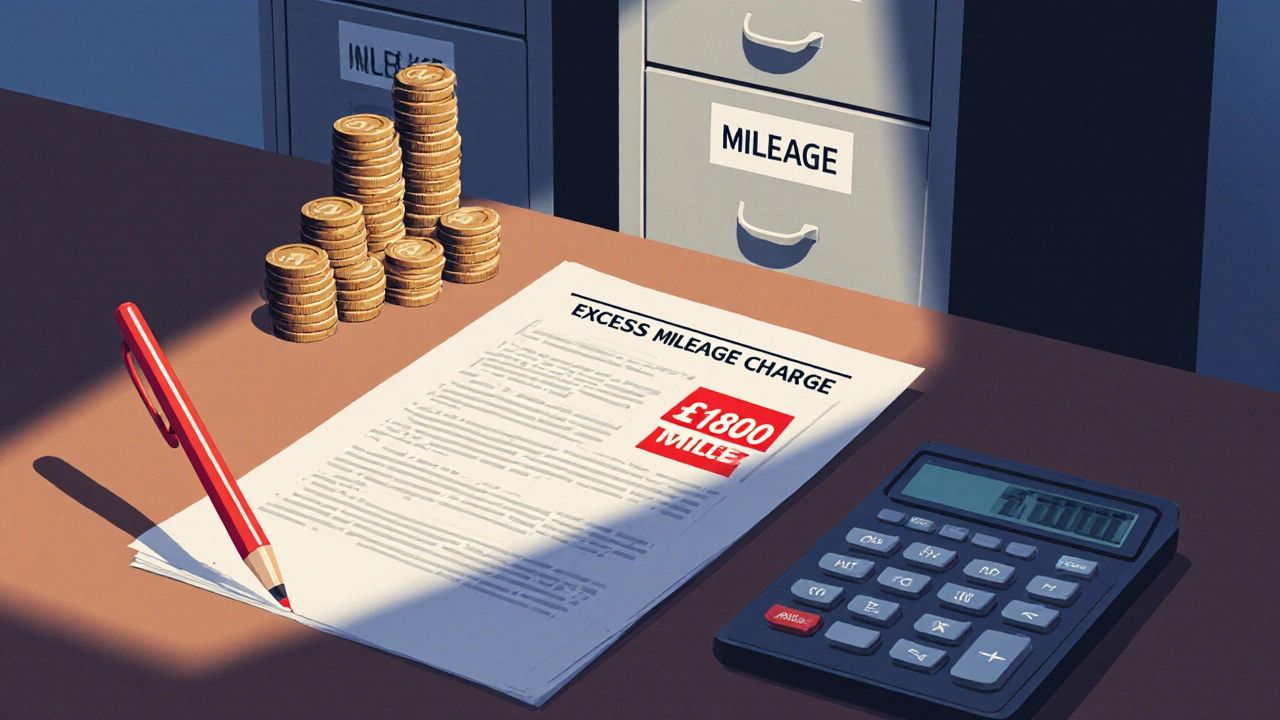 Lease contract with highlighted overage charge and coins representing fees.