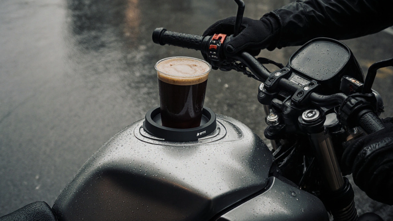 Magnetic cup holder attached to a motorcycle&#039;s steel fuel tank holding a cold brew coffee cup.