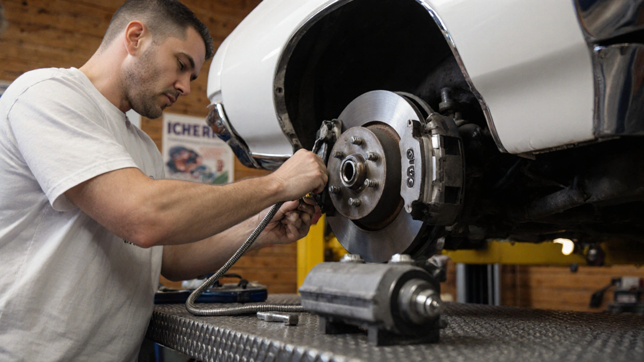 Mechanic installing braided brake lines on a classic GTO in a well-lit workshop.