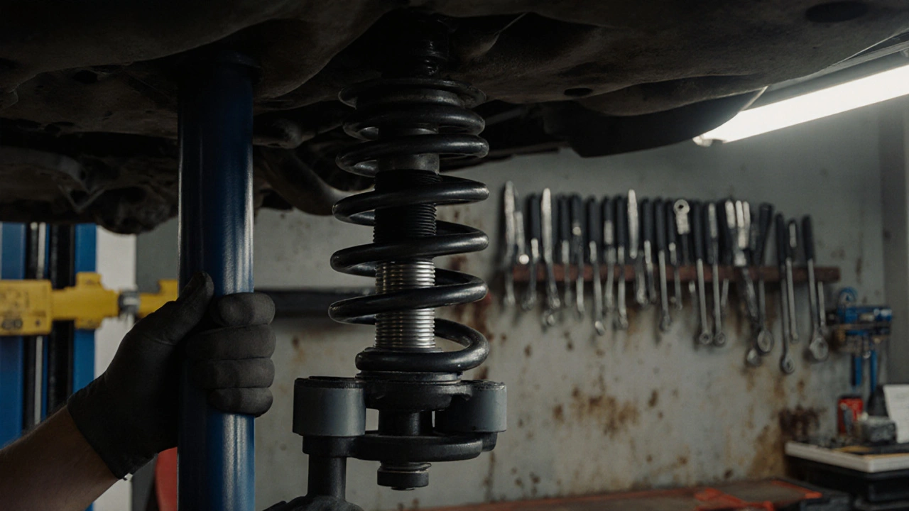 Mechanic replacing a strut using a spring compressor in a garage.