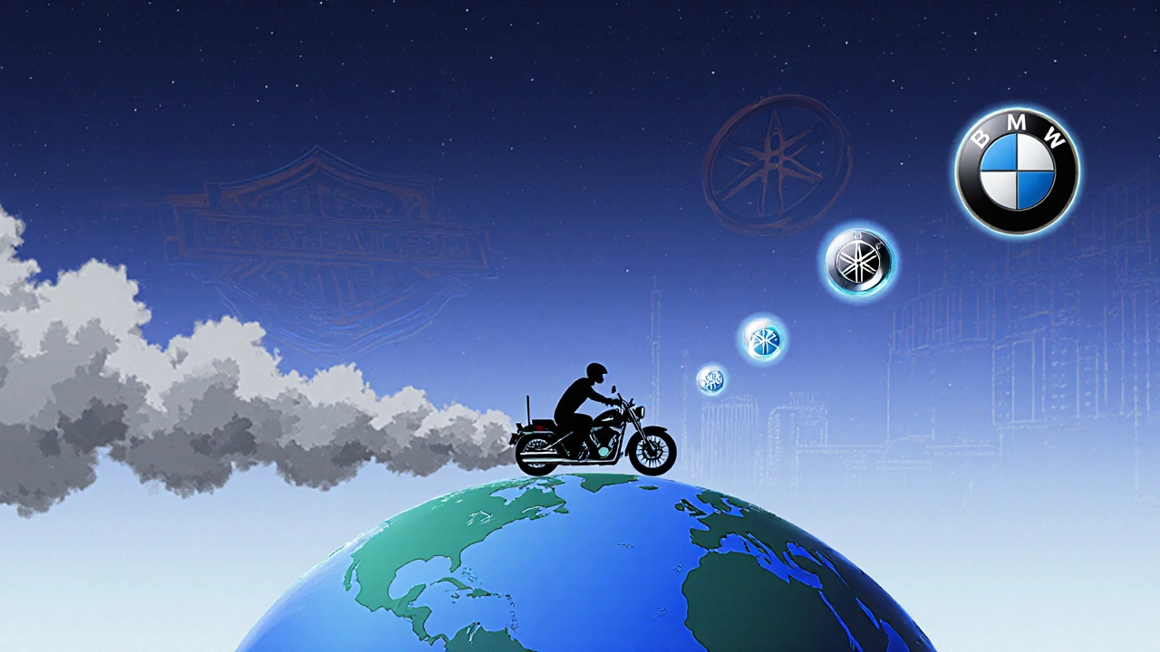 Motorcycle riding across a globe, its exhaust transforming from smog to clean air.