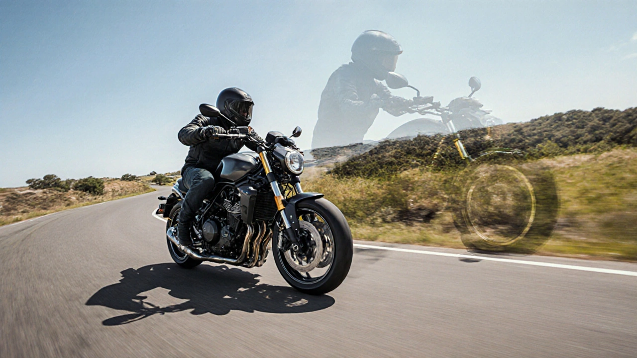 Motorcycle trail braking through a corner, front tire gripping as rear lifts slightly.