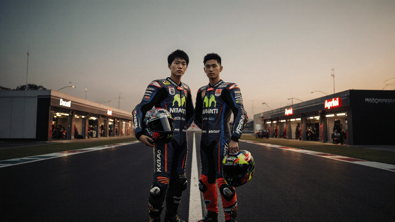 New MotoGP rookies Kaito Toba and Ethan Nott at the 2026 season opener in Qatar, facing the illuminated Sepang Circuit.